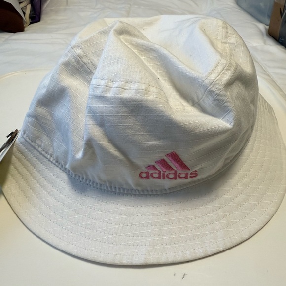 adidas Accessories - Adidas White Bucket Hat with pink Adidas logo.